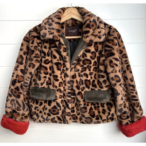 IMOGA Emma Leopard Faux Fur Coat Girls Size 10 Animal Print Jacket Red Trim